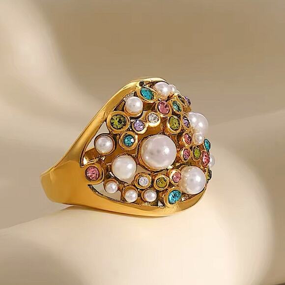 Gold Plated Multicolor Zircon, Pearl Statement Ring - Picture 4 of 7
